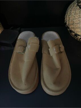 Amazon Tan Suede Slip-On Mules with Buckle